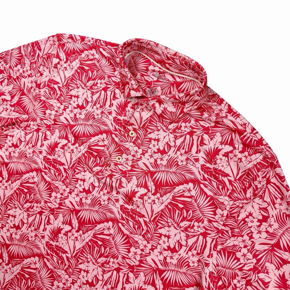 Johnnie-O Men’s Large Red Pink Tropical Performance Golf Polo Bandon Dunes Logo